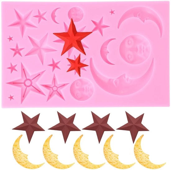 Set di decorazioni per torte in silicone 3D - luna e stella - con forma di tortiera in silicone - alimentare - sicuro per progetti alimentari - resistente a temperature fino a 230°C