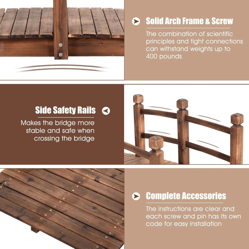 Ponte da Giardino in Legno di Abete Carbonizzato con Ringhiere, Ponticello Calpestabile per Giardino e Stagno Portata 100 kg, 150 x 67 x 55 cm, Marrone