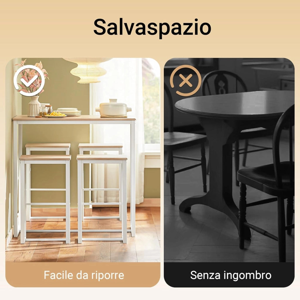 Penisola da Cucina con 4 Sgabelli Tavolo da Bar Alto con Set da 5 Pezzi per Cucina e Sala da Pranzo, Salvaspazio per Cucine Piccole, Balcone o Giardino Finitura Legno 100x60x96 cm OGT15‑WN