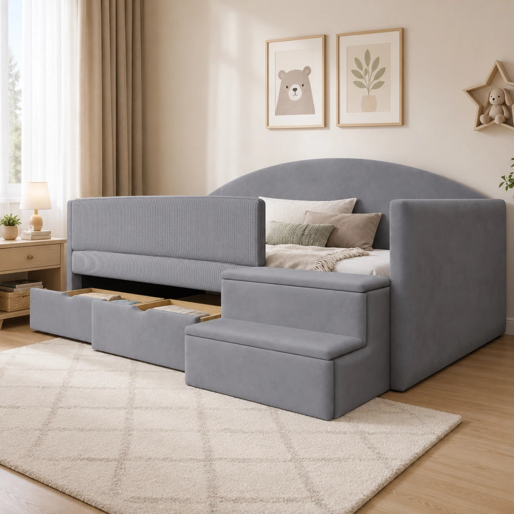Letto imbottito 90x190 cm con due cassetti e scalini in velluto