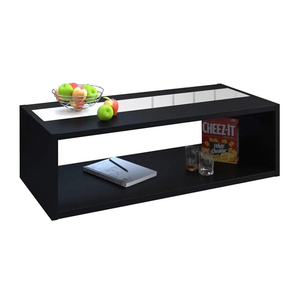 Tavolino basso DANN nero con fascia bianca lucida - 116 x 51 x 34 cm