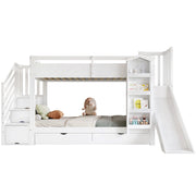 Letto a Castello 90x200 cm - Scivolo; Scaffale e 2 Cassetti - in Legno e MDF - Bianco
