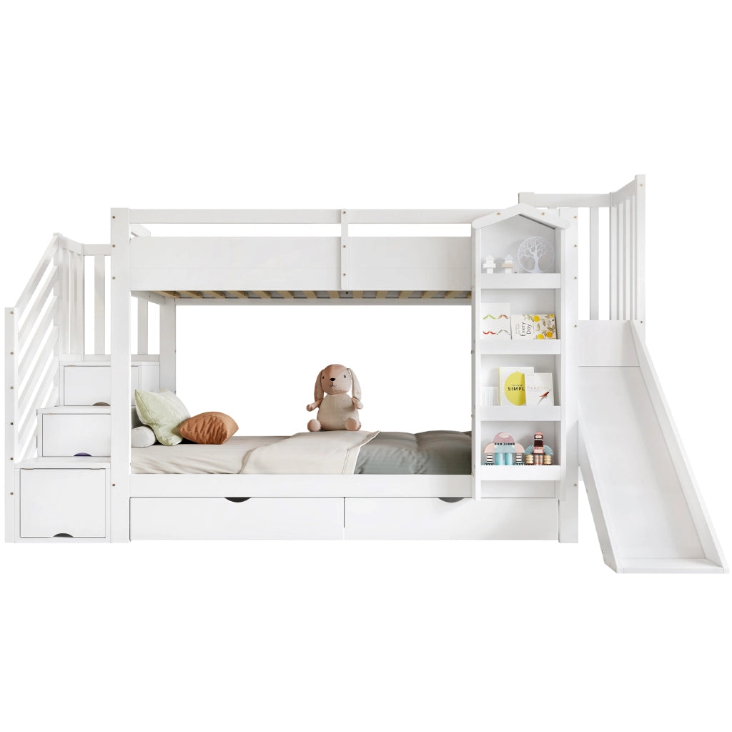 Letto a Castello 90x200 cm - Scivolo; Scaffale e 2 Cassetti - in Legno e MDF - Bianco