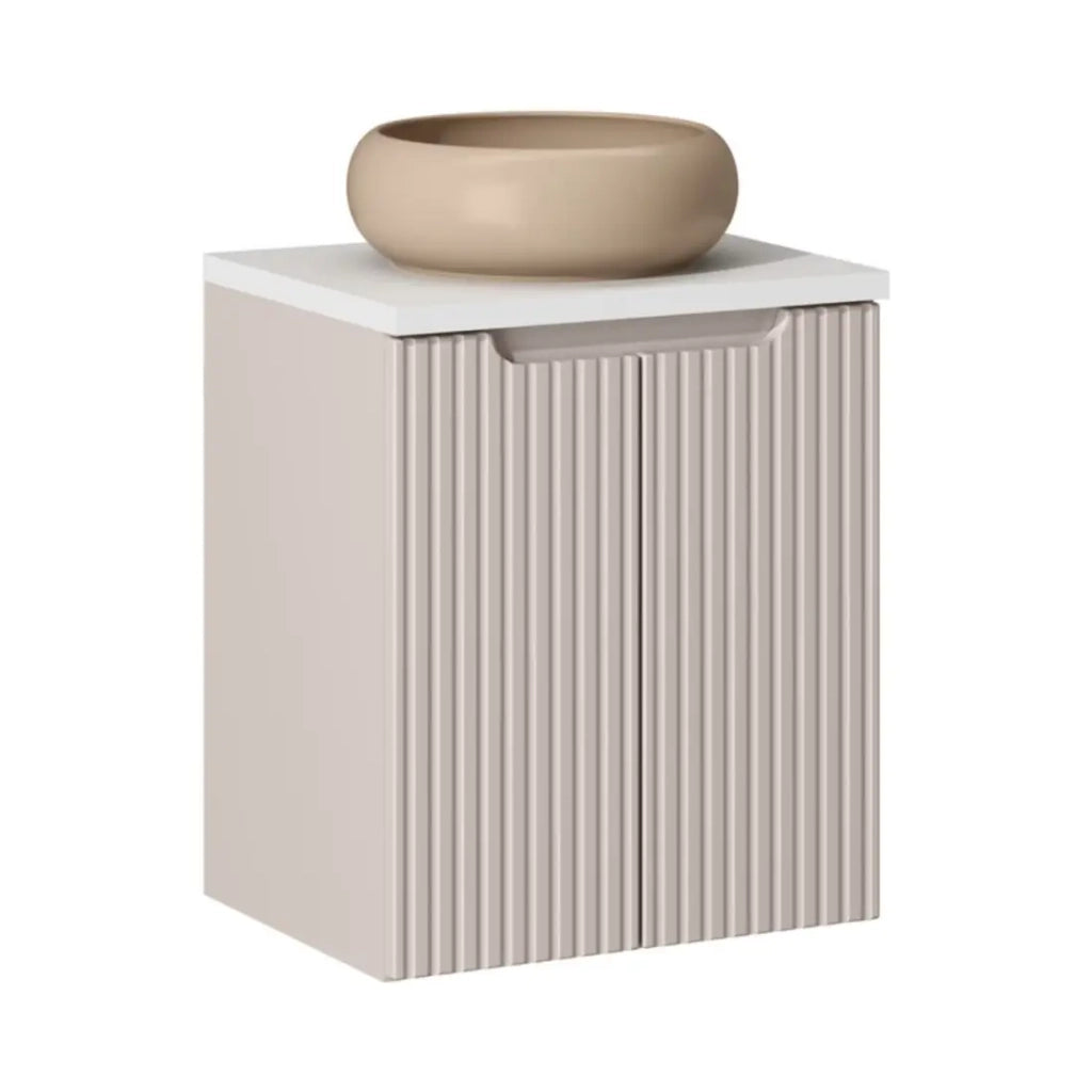 Insieme VANO cachemire e bianco 50cm: mobile sottolavabo con armadietti + piano per lavabo + lavabo rotondo cappuccino da appoggio