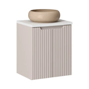 Insieme VANO cachemire e bianco 50cm: mobile sottolavabo con armadietti + piano per lavabo + lavabo rotondo cappuccino da appoggio