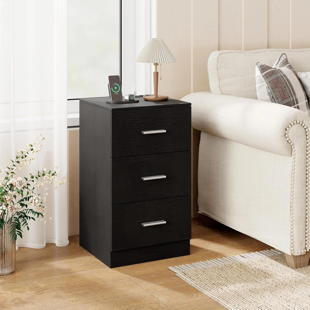 Comodino Camera da Letto 37 x 34 x 66,5cm, Cassettiera in Legno Moderno con 3 Cassetti, Mobile Salvaspazio per Soggiorno, Ufficio e Camerretta (2,Nero)