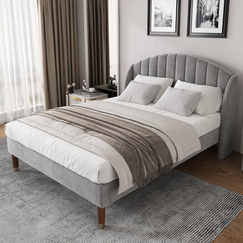 OKWISH Letto Matrimoniale 140×200 cm con Testiera Imbottita e Doghe in Legno, senza Materasso, in Velluto, Grigio