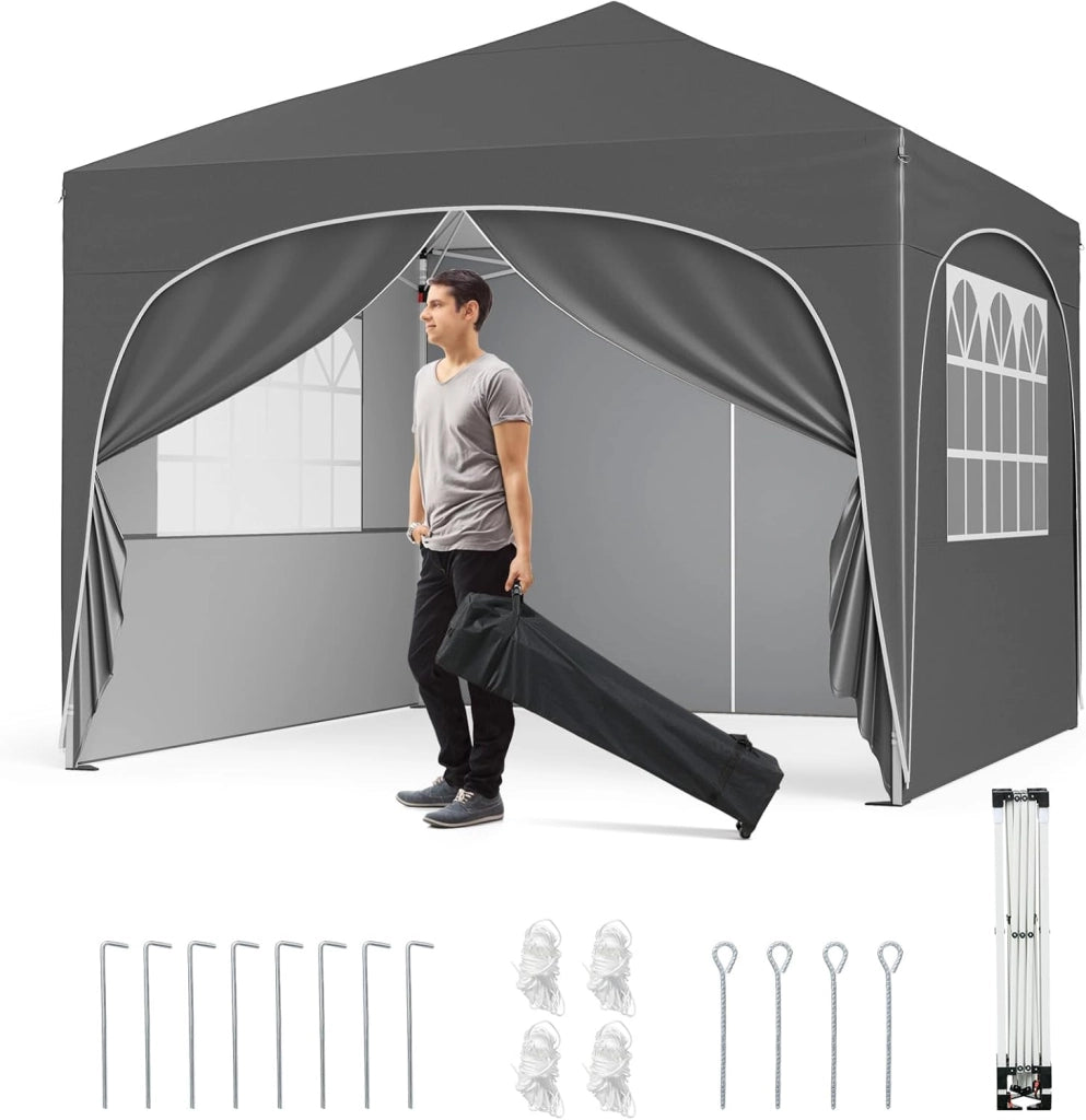 Gazebo Piehevole da Esterno 3 x 3 m, Gazebo Regolabile in Altezza con Pareti Rimovibili, Borsa con Ruote, Picchetti, Ancoraggi, Corde Vento e Sacchi di Sabbia, Tendone per Giardino (Bianco)