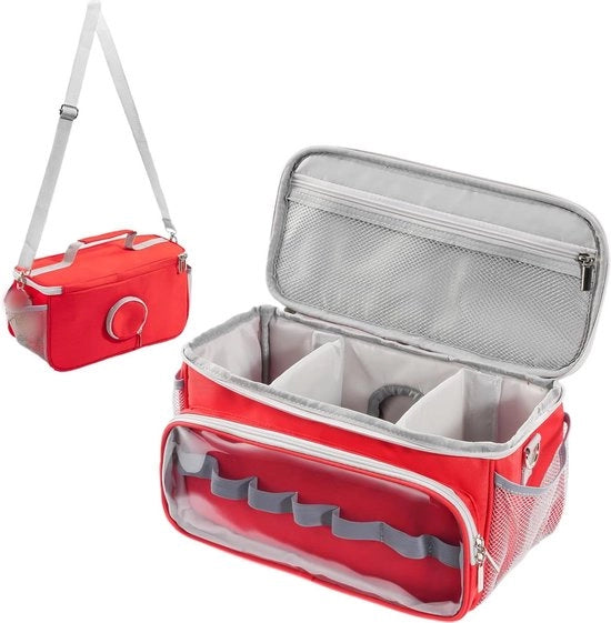 Portaaccessori per figurine Toniebox con cuffia, stazione di ricarica e contenitore portatile - rosso con cinturino e manico - per viaggi e passeggiate