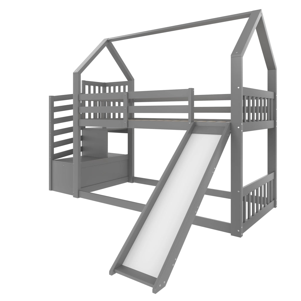 OKWISH Letto a Castello 90×200 cm, Letto Singolo con Scala con Vani, Scivolo e Spondine, senza Materasso, Grigio