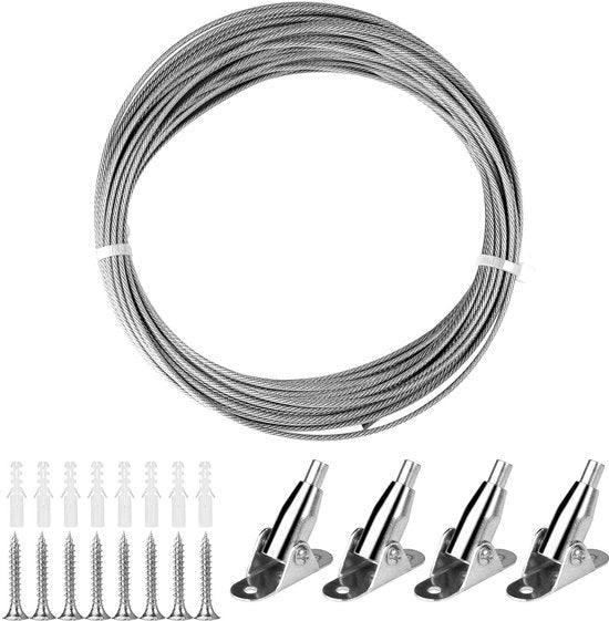 Cavo in acciaio inossidabile da 2 mm x 10 m con rivestimento in PVC - Cavo per corda da tenda o lampada da soffitto - Estensibile in lunghezza