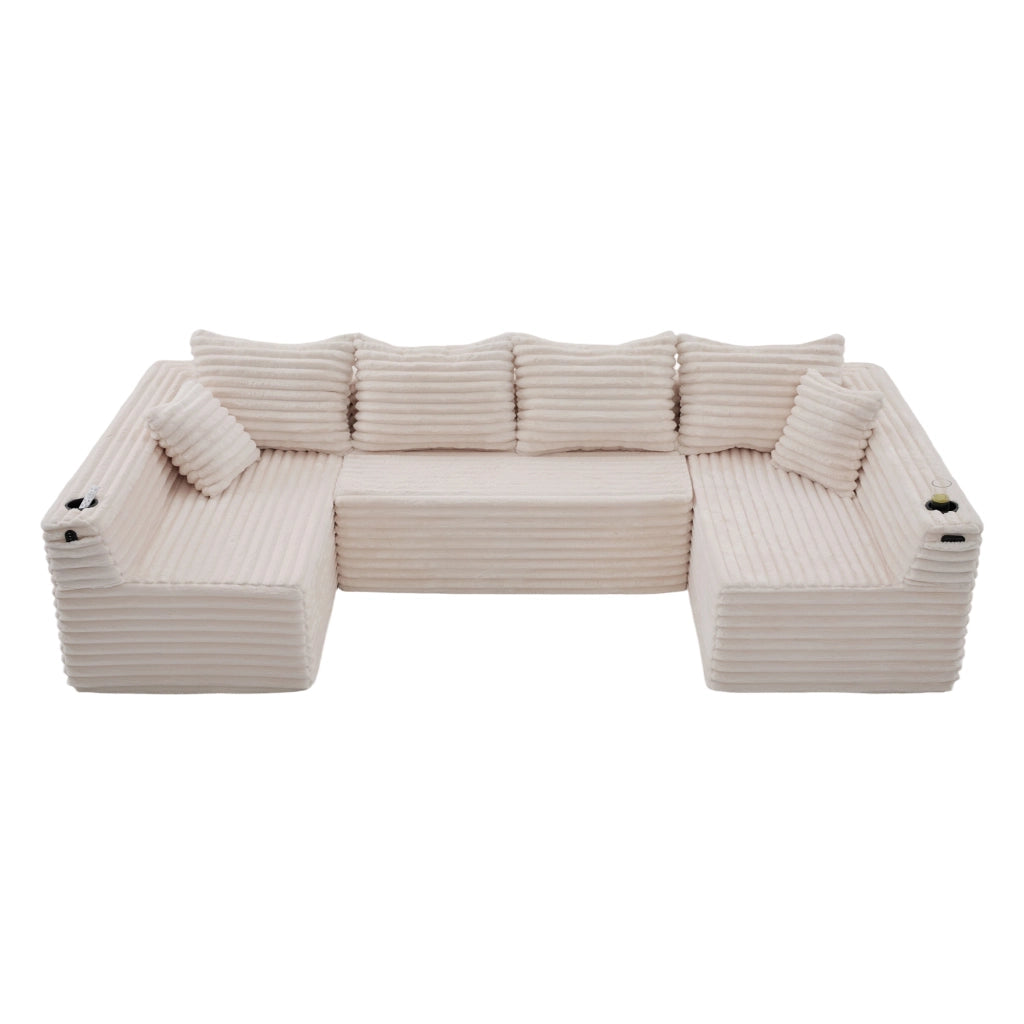 Divano modulare a U in corduroy beige con porta bicchieri, tasche laterali e imbottitura con molle, 320×155×88 cm