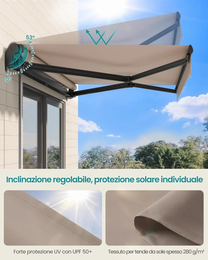 SONGMICS Tenda da Sole a Bracci Articolati, Tenda con Manovella, Parasole per Balcone, UPF 50+, Lega di Alluminio, Regolabile, 300 x 250 cm, Marrone Giallastro GSA306KZ01