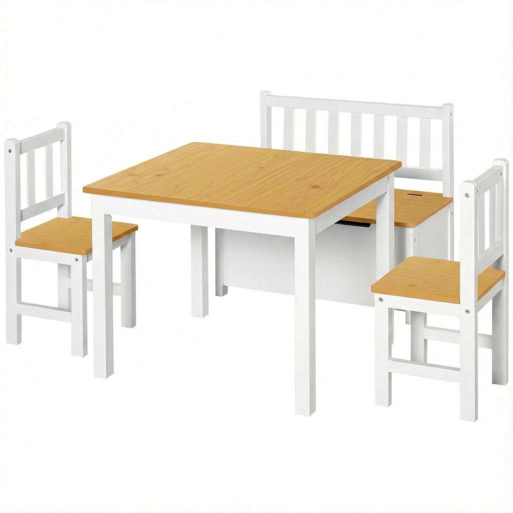 Tavolo bambini con 2 sedie e banco con cassetti ¨C zephmum ¨C bianco e naturale