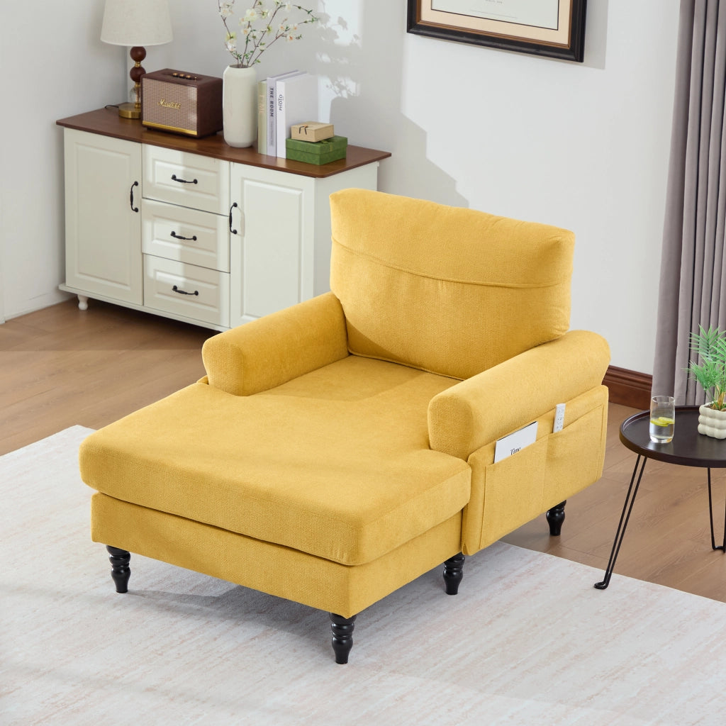 Poltrona Relax Ampia con Braccioli e Tasche Laterali Comfort Ergonomico Piedi in Legno in Ciniglia Giallo Senape