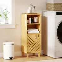 Armadio da Bagno Stretto Mobiletto da Bagno con 2 Ripiani Aperti Porta e Gambe in Bambù 32x30x90 cm Naturale