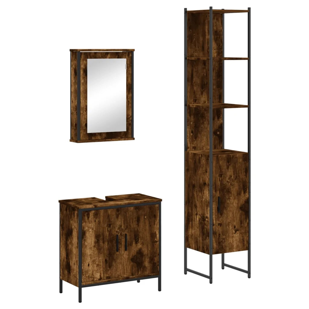 Set Mobili da Bagno | Armadio da bagno 3 pz Rovere Fumo in Legno Multistrato