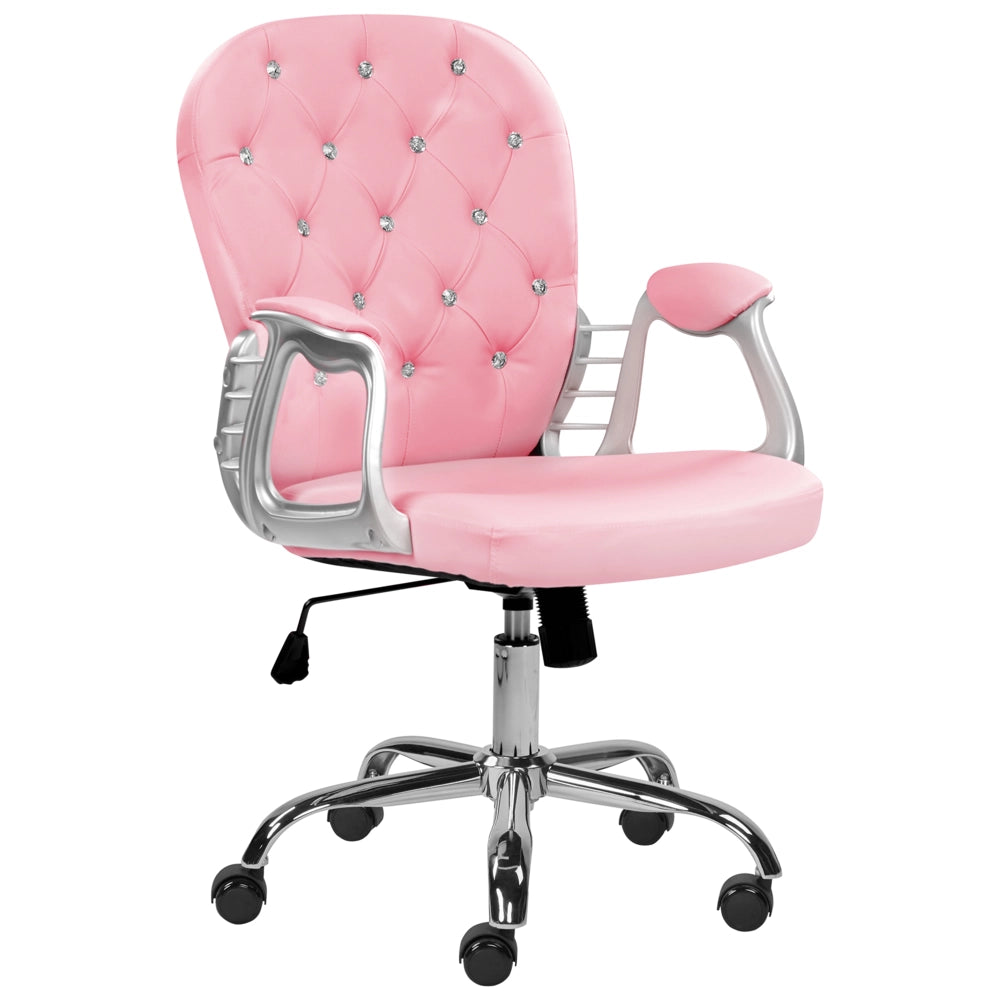 Sedia da ufficio in pelle sintetica rosa con cristalli e altezza regolabile e schienale trapuntato stile retrò moderno