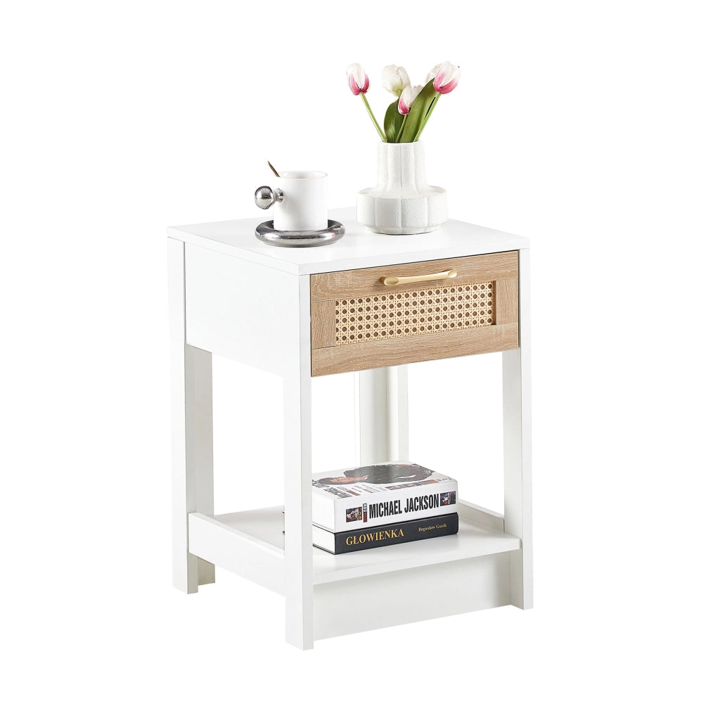 Comodino in rattan con cassetto per camera da letto e soggiorno in MDF naturale e bianco 40 × 40 × 55 cm