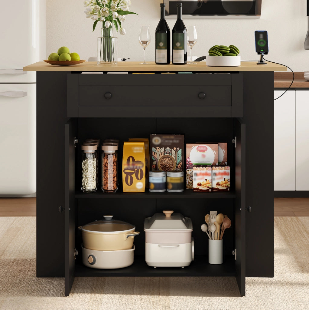 Isola da cucina con piano ribaltabile; presa 2 AC e 2 USB; MDF; 120 x 75 x 97 cm; nera