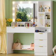 Toeletta da Trucco con 10 Luce LED,Tavolo da Trucco con Specchio e Prese,Postazione Trucco con 5 Cassetti,Ripiani Aperti e Ganci per Gioielli,Moderno (Bianco)