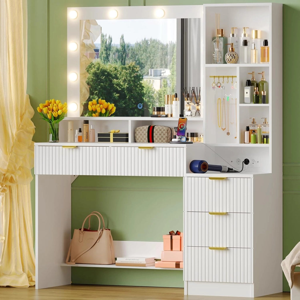 Toeletta da Trucco con 10 Luce LED,Tavolo da Trucco con Specchio e Prese,Postazione Trucco con 5 Cassetti,Ripiani Aperti e Ganci per Gioielli,Moderno (Bianco)