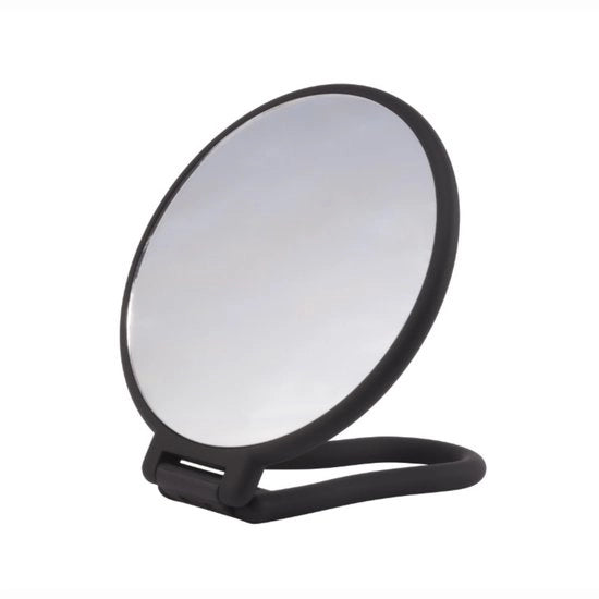 Specchio di mano regolabile con finitura soft-touch, nero, rotondo, doppio lato, normale e 3 volte ingrandito per make-up e capelli