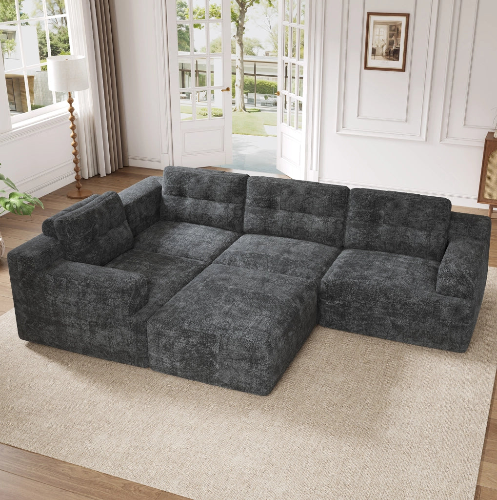 Divano modulare 5-6 posti in ciniglia grigio con pouf