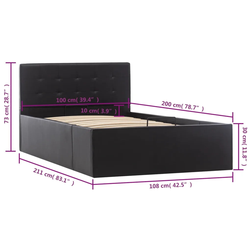Letto singolo | Letto per adulti | Giroletto con Contenitore Idraulico Nero Similpelle 100x200cm