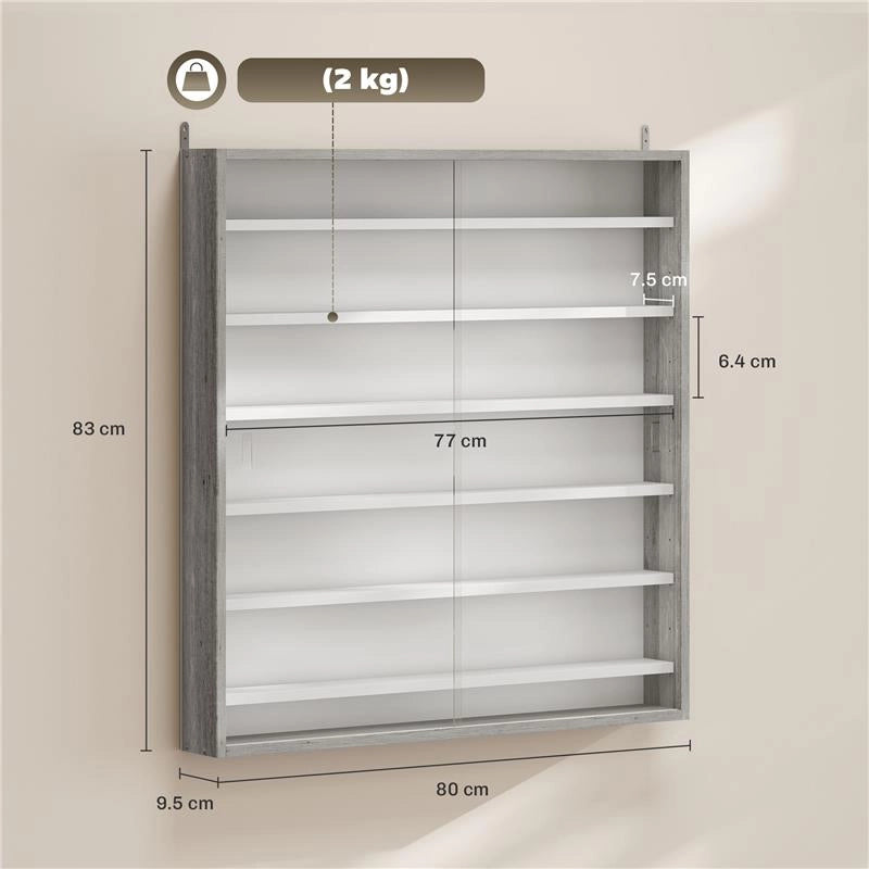 BACHECA PORTAOGGETTI A 5 RIPIANI REGOLABILI IN LEGNO CON ANTE IN VETRO, 80X9.5X83 CM, BIANCO E GRIGIO