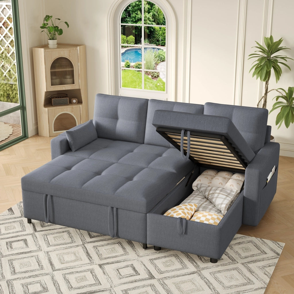 Divano letto angolare 211x136x87 cm modulare; estraibile con contenitore; lino grigio