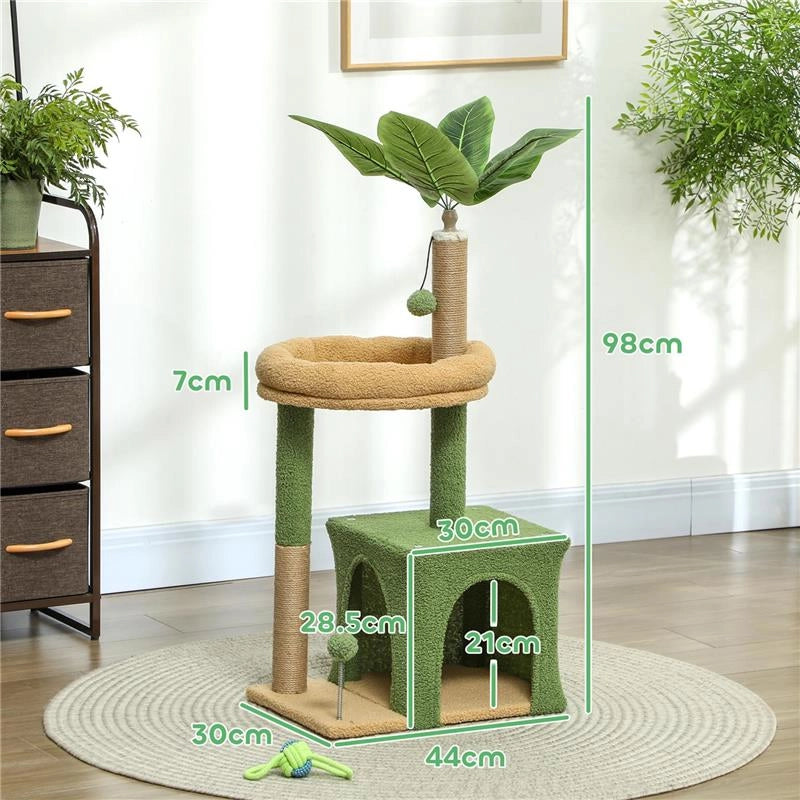 ALBERO TIRAGRAFFI PER GATTI CON CASETTA LETTINO E 2 PALLINE IN LEGNO E POLIESTERE 44X30X98 CM VERDE E MARRONE