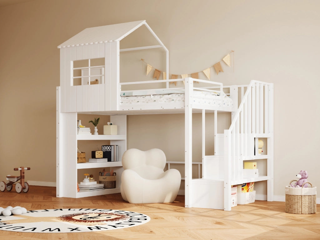 DESMIU Lit a soppalco 90 × 200 cm 1 posto con scala contenitore e scaffali, senza materasso, in MDF e metallo, bianco