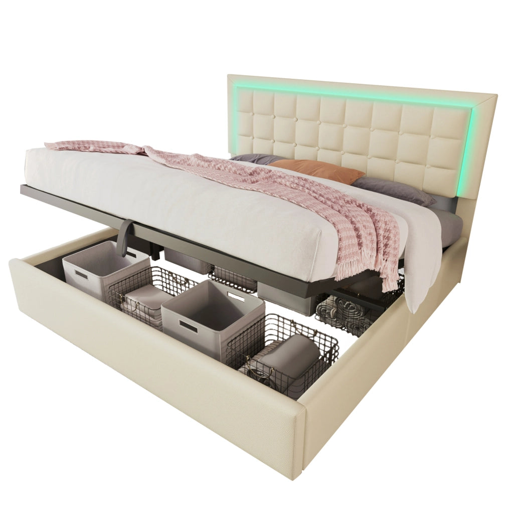 Letto matrimoniale 140x200 cm con LED; contenitore idraulico; PU bianco e materasso