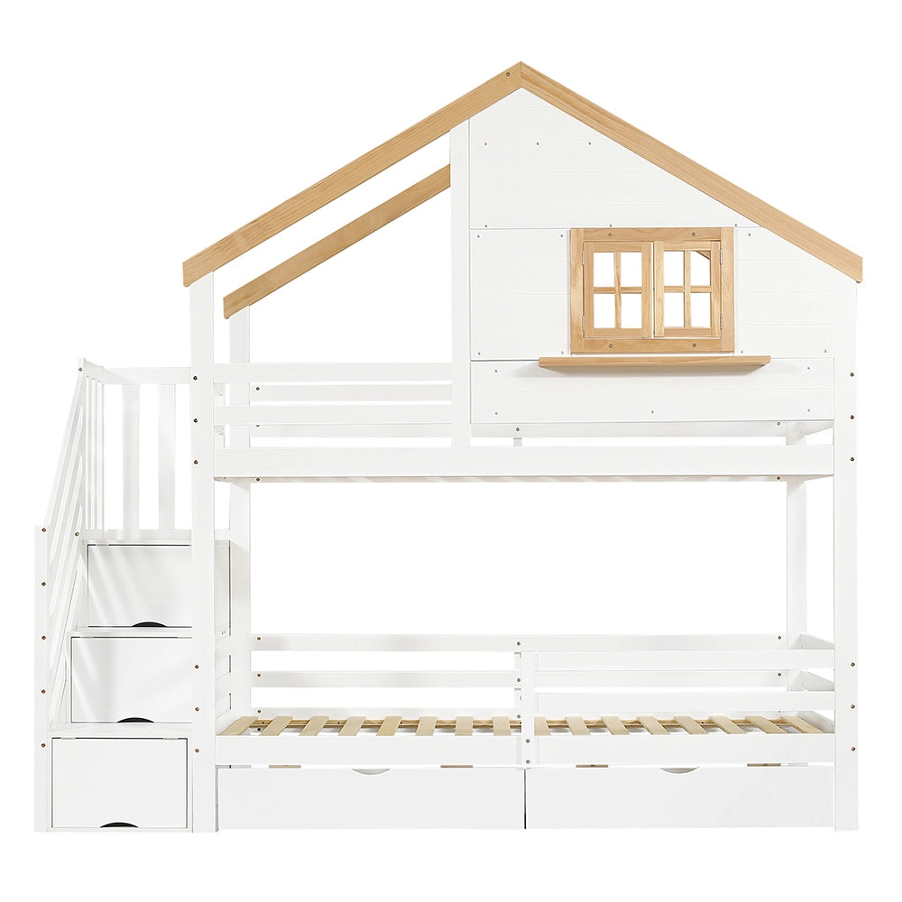 Letto a castello a casetta - Xylo - 90x200cm bianco/naturale, finestra