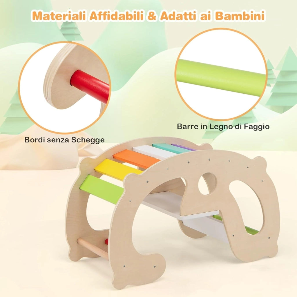 2 in 1 Arco da Arrampicata per Bambini, Arrampicata ad Arco con Dondolo Schienale e Sedile, Cavallo a Dondolo in Legno per Bambini 1 Anni +