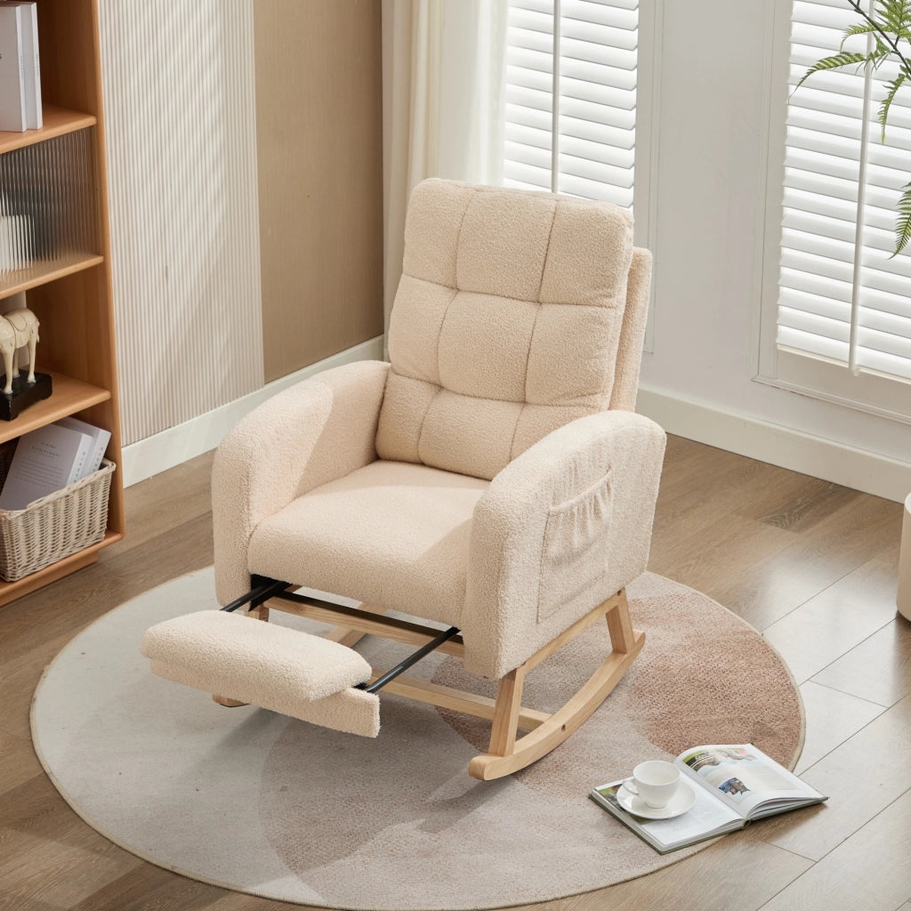 Poltrona a dondolo ergonomica beige in bouclé con tasca laterale