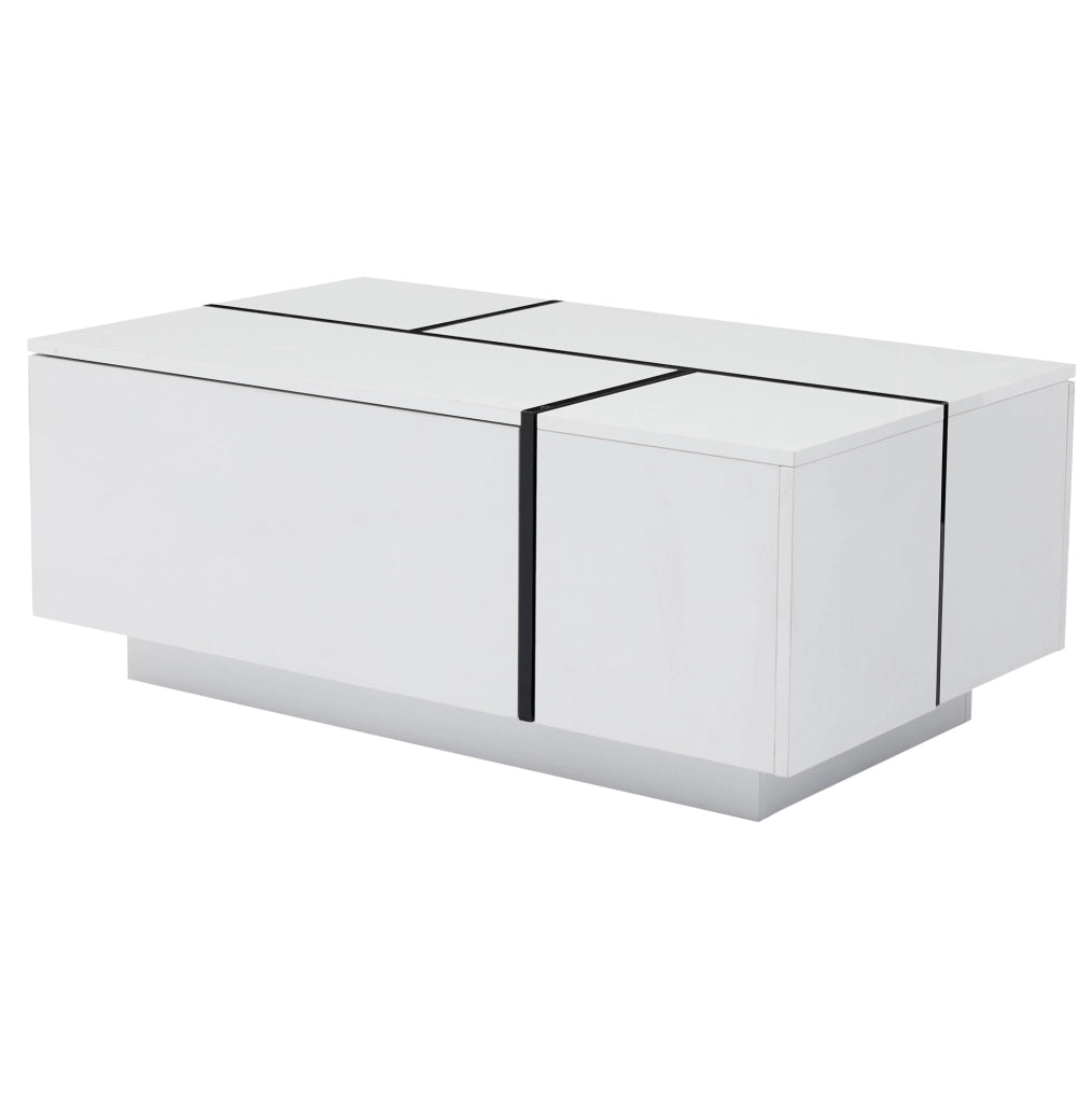 Tavolino da caffè 100x60x40 cm con 4 cassetti e piano lucido in truciolare bianco e nero