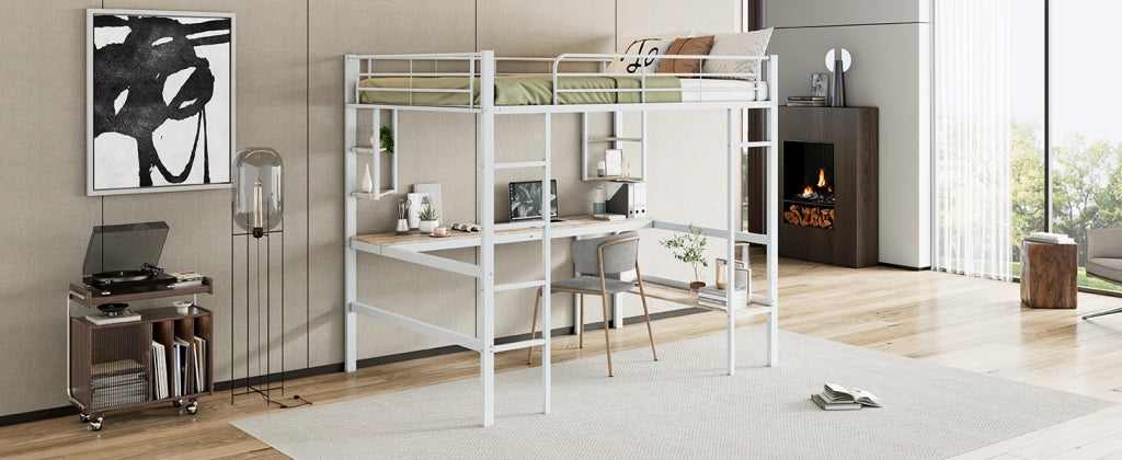 DESMIU Letto a soppalco 2 posti con scrivania, 4 ripiani e libreria 140 × 200 cm, senza materasso, metallo bianco
