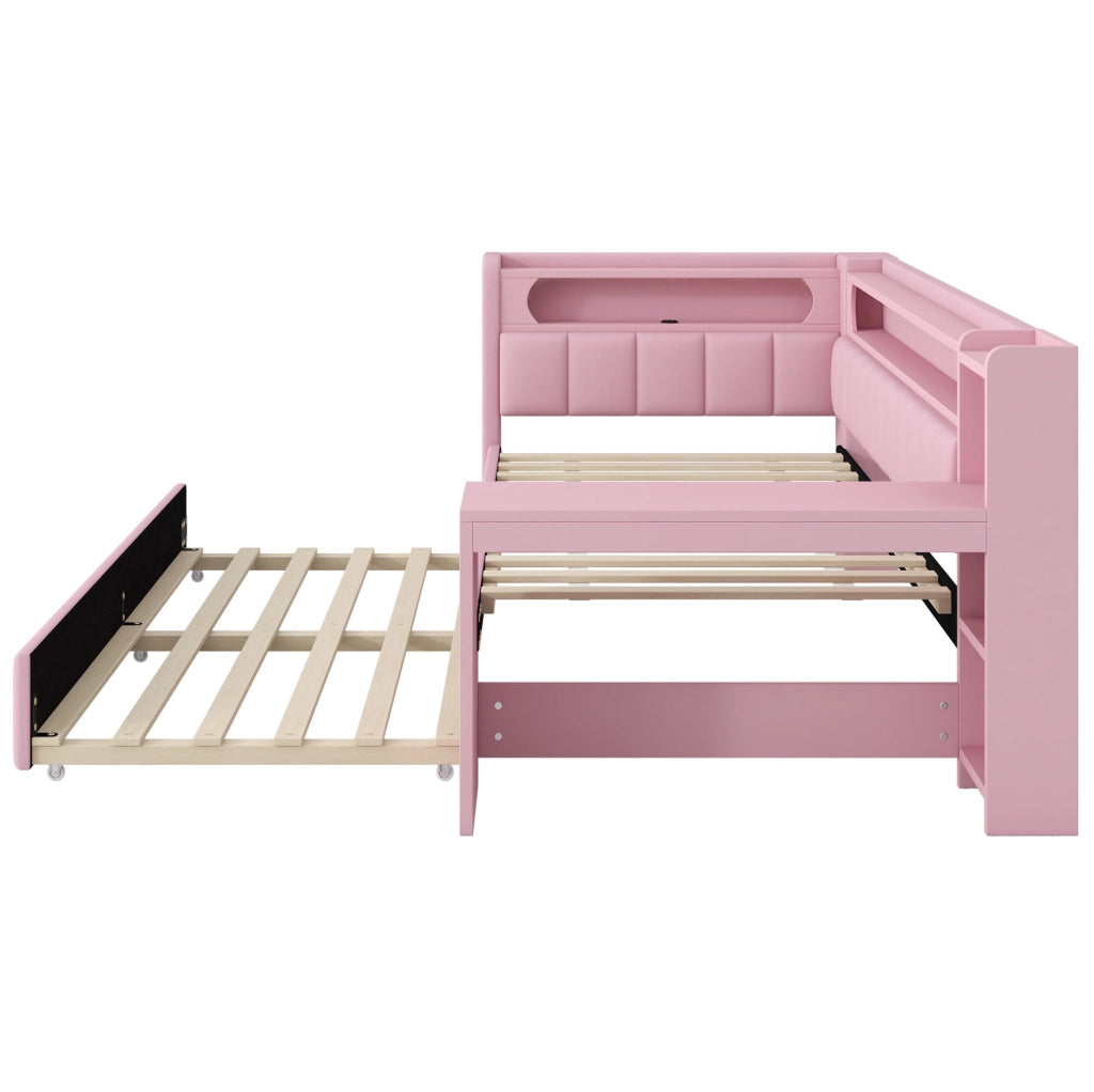 Letto da giorno imbottito rosa 90x200 con LED, USB, letto estraibile e scrivania