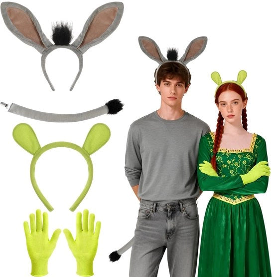 Costume per animale - 4 pezzi - Cappello con orecchie di asino - Coda pelosa - Occhi verdi di troll - Manopole adattabili - Costume per animali