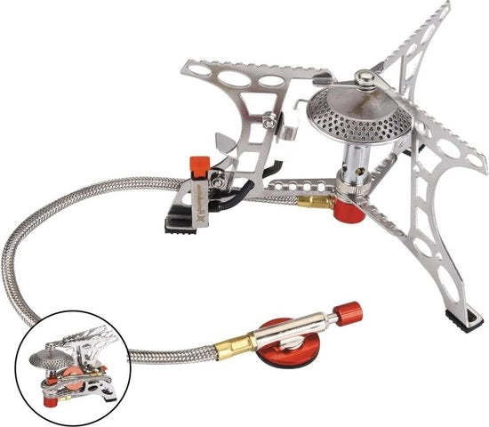 Camping Cooker a Gas con Ventilatore e Protezione da Vento - Accensione a Piëzoelettrica - 3200 W - Protezione da Vento del Fornello a Gas - per Camping e Trekking
