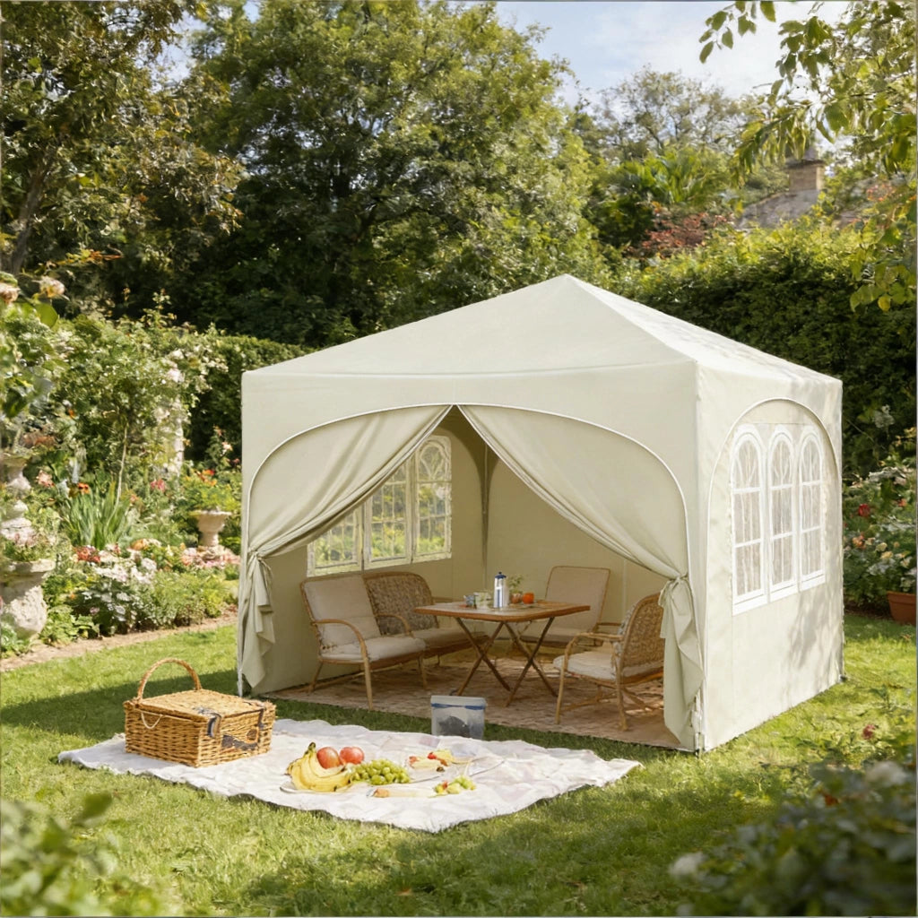 Pavillon da giardino 3x3 m pieghevole con pareti laterali, beige, struttura in metallo e tessuto Oxford 210D