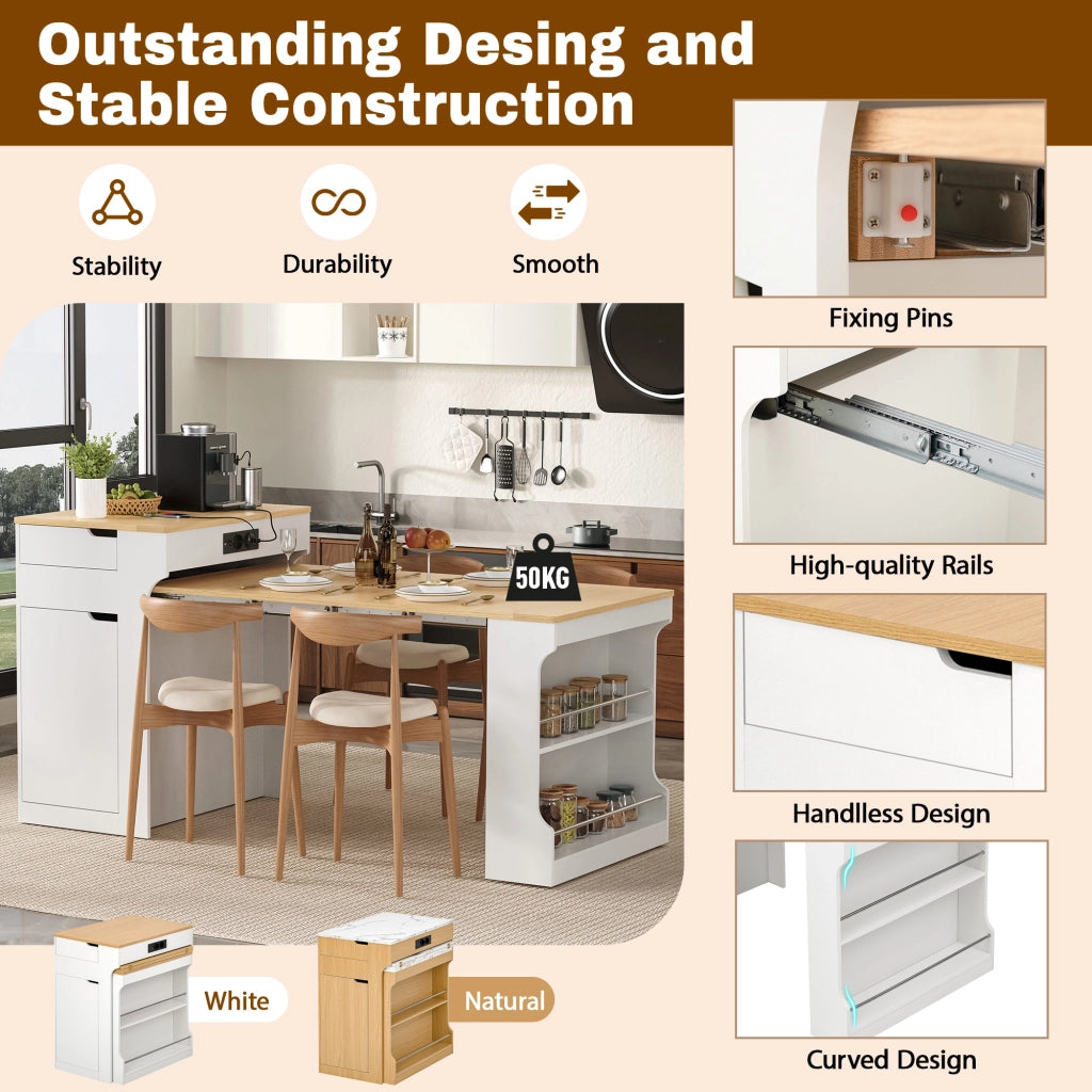 Tavolo allungabile con ruote e prese integrate mobile contenitore con due cassetti per cucina e sala da pranzo