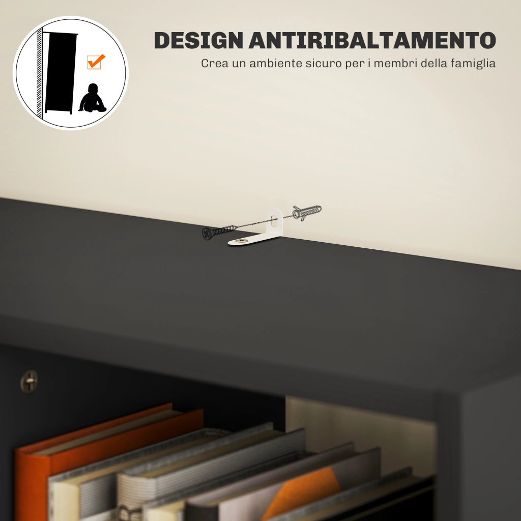 Libreria Moderna in Legno con Cassetto Centrale e Kit Antiribaltamento. 60x26x158 cm. Nero