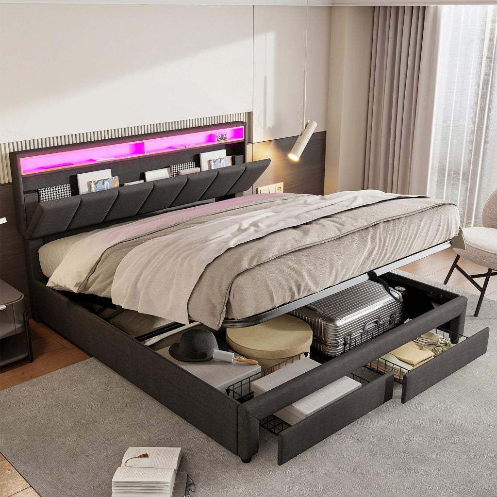 Letto matrimoniale contenitore 160x200 cm con testiera imbottita LED e porta USB cassetti e rete a doghe in lino-grigio