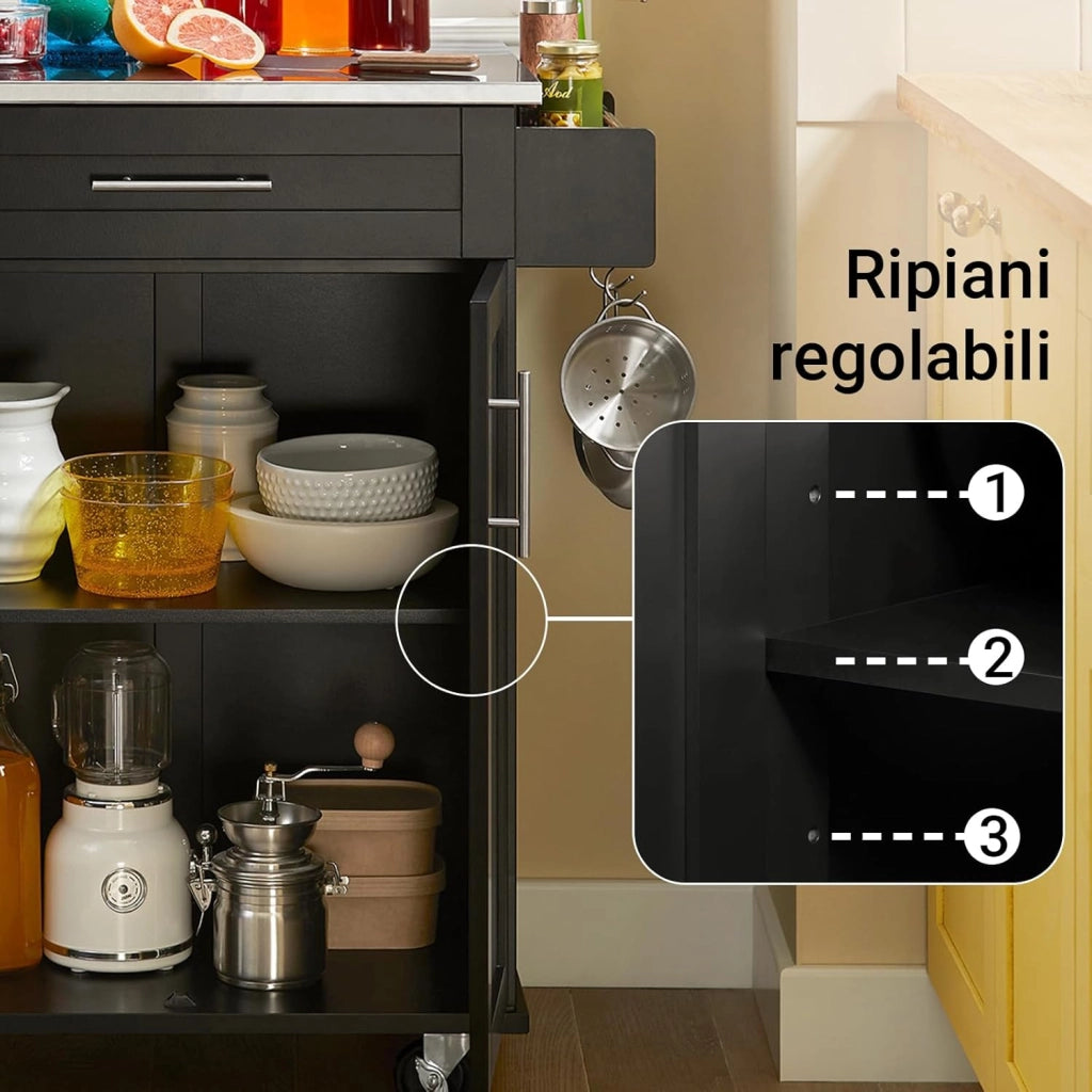Mobile Cucina Salvaspazio Carrello Cucina con Ruote Mobiletto Cucina Dispensa Credenza Cucina Madia Cucina Isola Cucina 80×46×90 cm Nero FKW110‑SCH