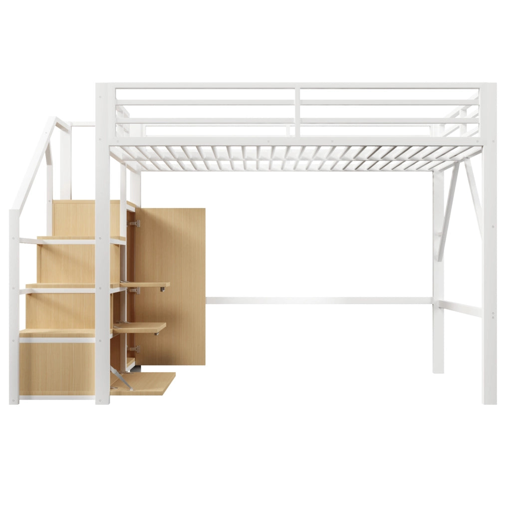 Letto a soppalco ULEVR 140x200 cm con 3 mobili contenitore, guardaroba, LED Bluetooth e scala, bianco