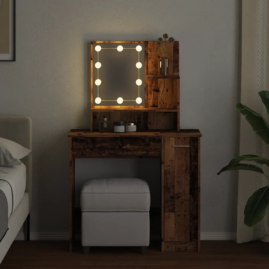Toeletta | Tavolo da Trucco con LED Legno Antico 86,5x35x136 cm
