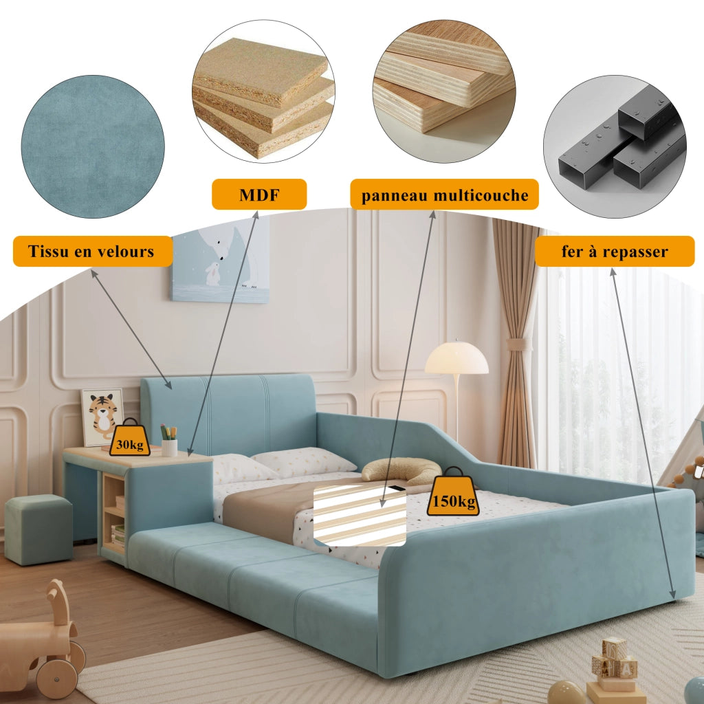 Letto con Sponda 90x200 cm; Letto Singolo - Scrivania; Sgabello e Ripiano - Blu